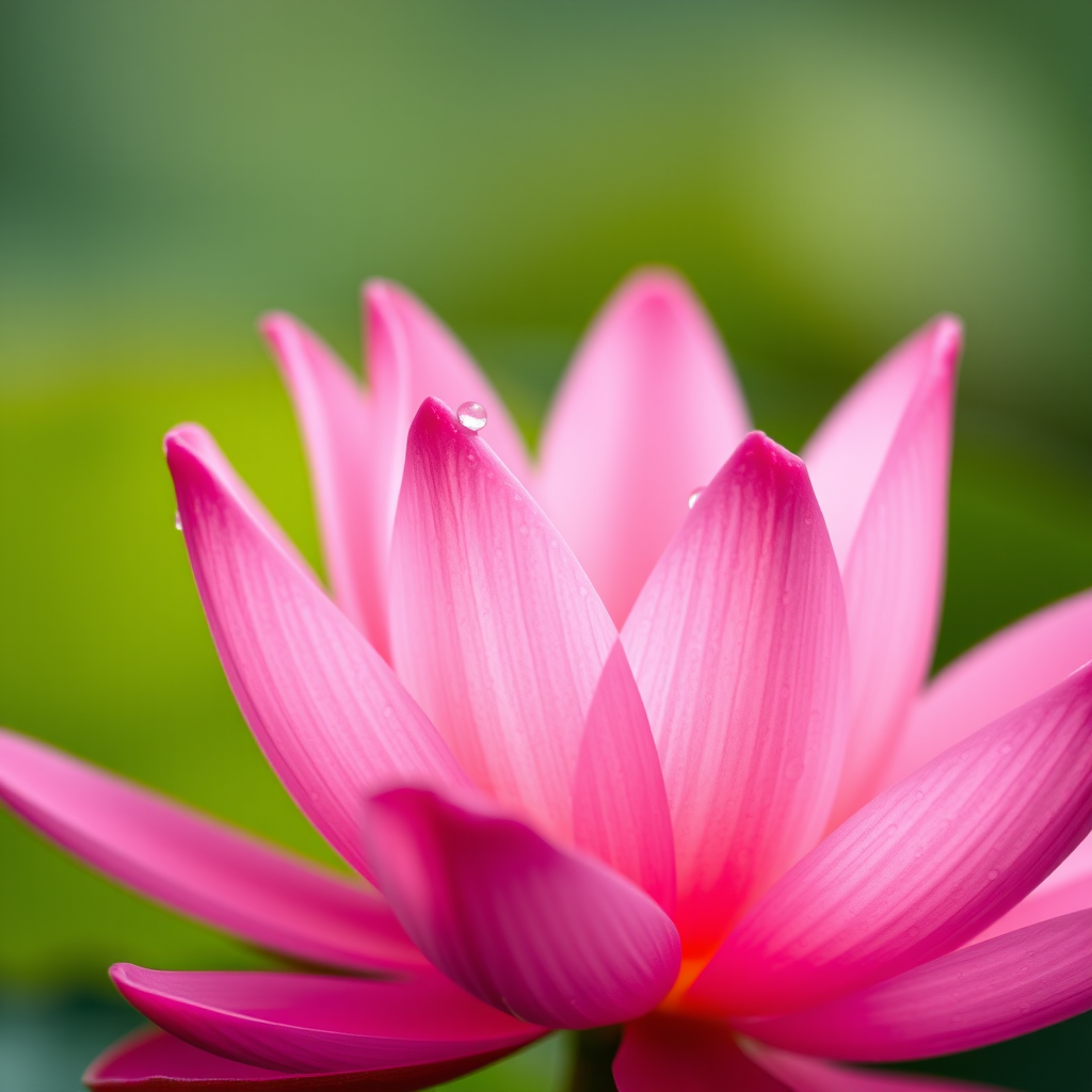 close-up of a pink water lily with water droplets on petals, soft bokeh background, aperture f/2.8, shutter speed 1/200s, ISO 100, macro lens, DSLR camera, natural lighting