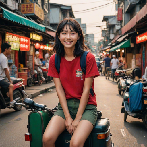 Cartoon Movie​ scene, a 18yr kindness grin Japanese woman,oval face , mullet medium long messy black side hair, wear a red shirt ,black jeans ,navy slip-on​,with green backpack, relax​ sitting on a seat in a thai tuk-tuk, tuk-tuk a silver metal roof that reflects light, There are blurred street lights and shops Chinatown Bangkok in the background.