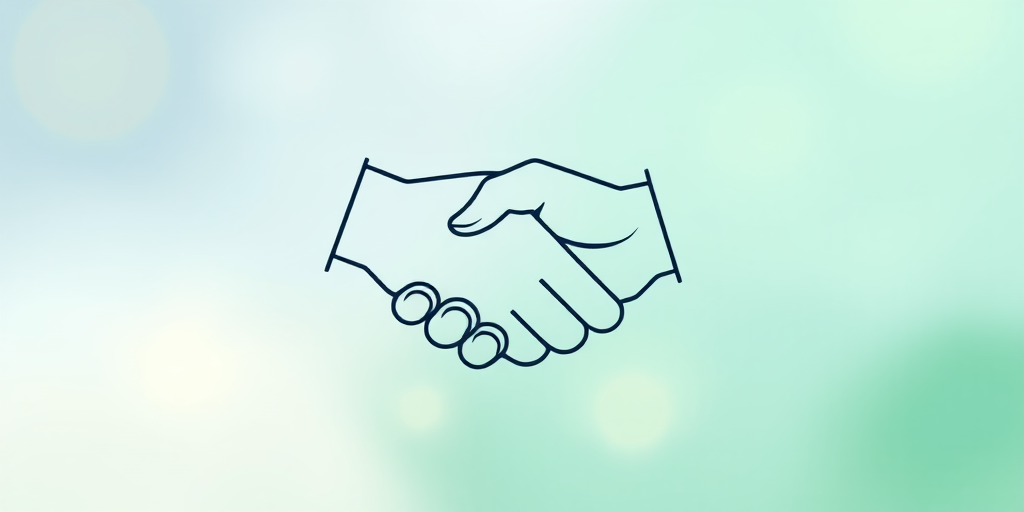 create a minimalistic vector design of two hands shaking, line art style, soft gradient background with shades of blue and green, depth of field effect, digital illustration, high resolution, camera settings: aperture f/8, shutter speed 1/125s, ISO 100, camera view: top-down, camera type: digital DSLR, camera style: modern.