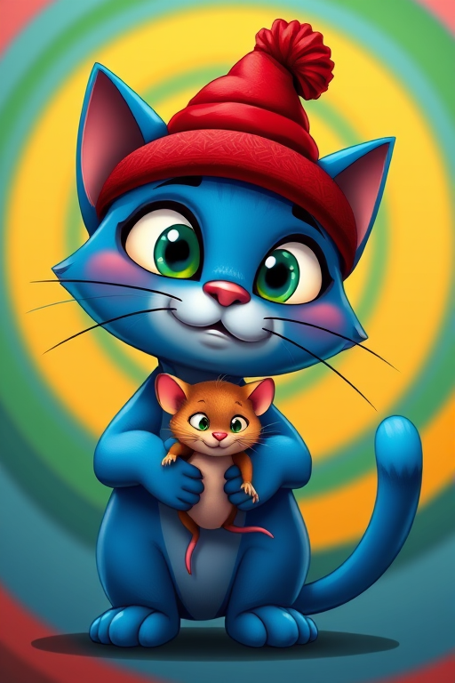 Create a vibrant cartoon image of a blue cat wearing a red hat and holding a small brown mouse, featuring a colorful spiral background; use a DSLR camera with a 50mm lens at f/2.8, ISO 200, and a wide-angle view for enhanced clarity and detail.