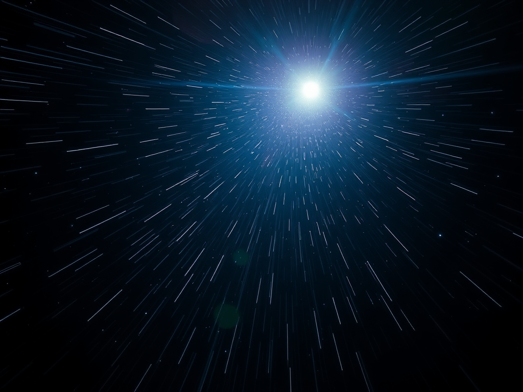 create a high-resolution image of a starry space scene with streaks of light radiating from the center, using a DSLR camera at ISO 100, f/8 aperture, 50mm lens, 1/100s shutter speed, shot from a dynamic angle to create a sense of depth and motion in a dark background