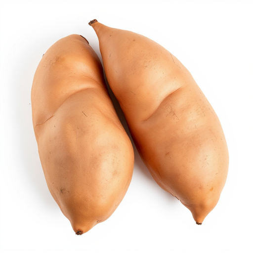 Create a high-resolution illustration of two sweet potatoes on a plain background, using a Canon EOS R5 with a 50mm f/1.8 lens, aperture set to f/4, ISO 100, and soft, diffused lighting.