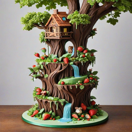 Create a whimsical multi-tiered cake inspired by a serene landscape. The cake should feature cascading waterfalls, lush greenery, and vibrant strawberries. Incorporate a charming treehouse at the top, surrounded by miniature trees and playful animals. Use rich chocolate and colorful fondant elements to enhance the natural scenery, ensuring the design is both intricate and inviting.