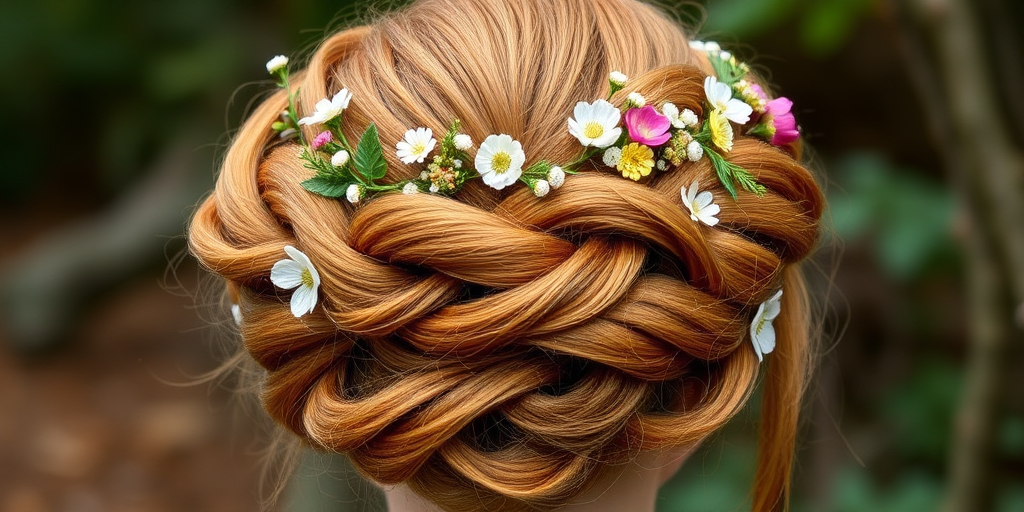 Regal golden-brown updo adorned with intricate braids and delicate floral accessories, reminiscent of a woodland fairy queen's crown in the enchanting "Forest Royalty" hairstyle