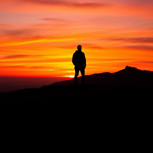 Generate a high-resolution image of a silhouette of a person standing on a mountain peak during sunset, with vibrant orange and purple sky colors, using a full-frame DSLR camera with a 50mm lens, aperture set to f/1.8, ISO 100, and a shutter speed of 1/200 sec, in portrait orientation for dramatic effect.