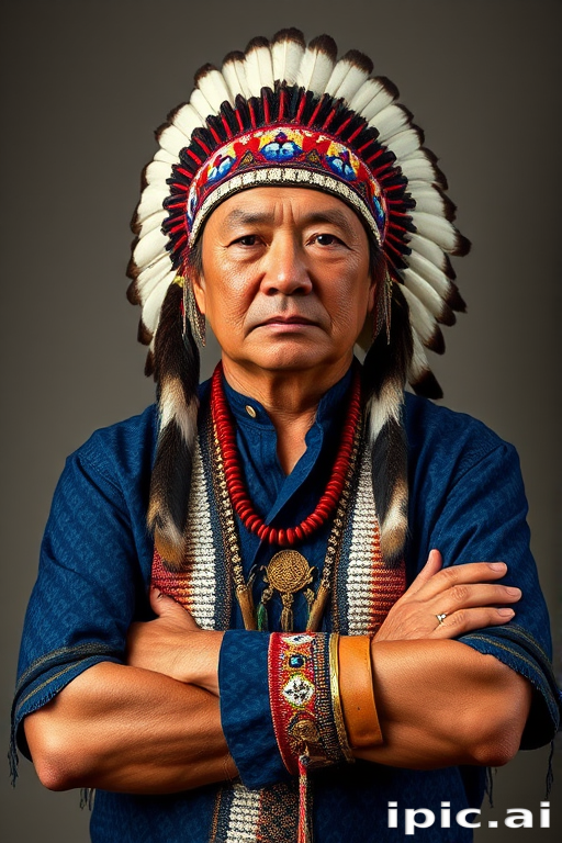 Create a dignified portrait of a Native American man dressed in traditional attire. He wears a beautifully crafted headdress adorned with white feathers and red beads, along with a beaded headband featuring intricate patterns. His clothing includes a deep blue, patterned shirt and a traditional chest piece with detailed beadwork. His arms are crossed, displaying leather armbands decorated with feathers. The background is simple and neutral, emphasizing his proud and stoic expression. The overall image captures the rich cultural heritage and strength of his persona.