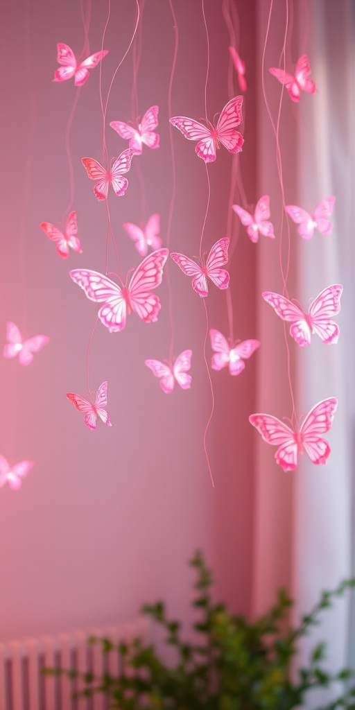 Create an image of delicate pink butterfly fairy lights hanging against a soft pastel background. The lights should be glowing softly, casting a warm ambiance. Include a variety of butterfly designs, with some appearing larger and others smaller, all suspended from thin strings. The overall effect should evoke a whimsical and dreamy atmosphere.