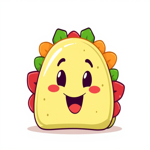 Create a cartoon-style illustration of a happy taco with vibrant colors and a simple background, using a Canon EOS R5 camera with a 50mm f/1.8 lens, set to ISO 100, aperture f/2.8, and a shallow depth of field for a soft focus effect.