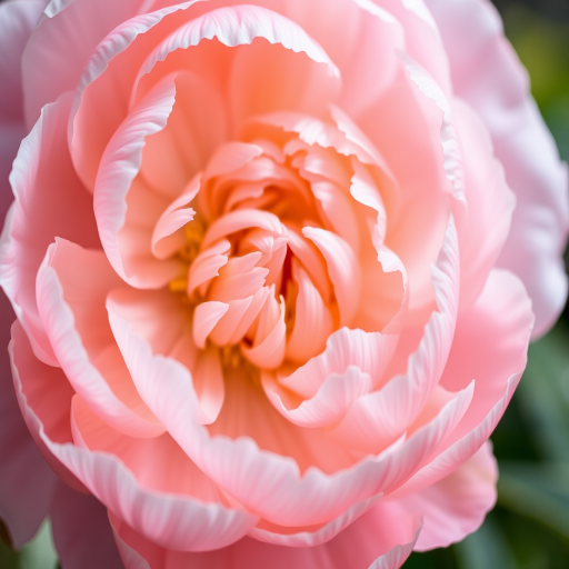 high-resolution close-up photo of a peony flower with soft pink petals, shallow depth of field, f/2.8 aperture, 50mm lens, natural lighting, DSLR camera