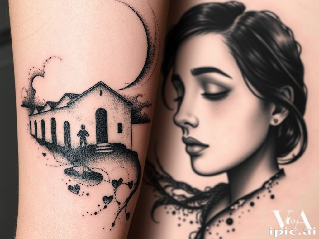 Meticulously detailed stipple tattoo named "Whispered Shadows" showcasing intricate scenes or portraits composed entirely of thousands of tiny dots varying in density to create shading depth and texture utilizing a monochromatic palette to achieve a timeless aesthetic reminiscent of vintage etchings or woodcut prints with a soft dreamy quality that appears to fade into the skin