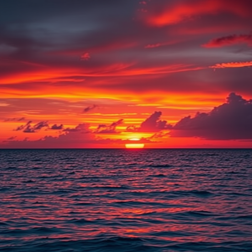 Create a high-resolution image of a vibrant sunset over a calm ocean, captured with a Canon EOS 5D Mark IV, 24mm lens, f/8 aperture, ISO 100, using a wide-angle view for a dramatic landscape effect.