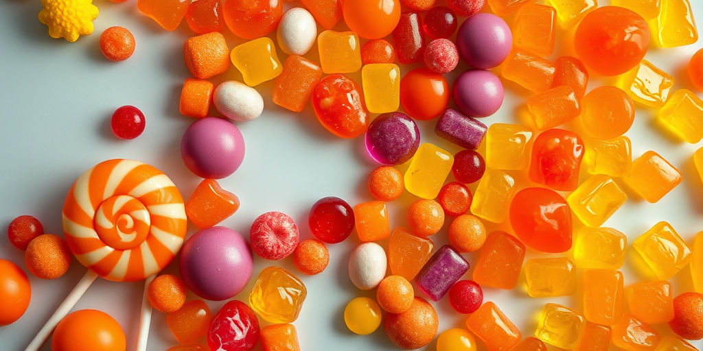 Create an image of a large tooth shape made entirely of various colorful candies like lollipops, gummies, and hard candies in bright orange, purple, and yellow, using a DSLR camera set to f/2.8 aperture, ISO 100, 50mm lens from a top-down view with soft natural lighting for enhanced detail and richness in colors.