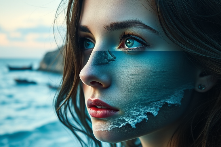 this photo is Book cover, A surreal double exposure portrait that blends a woman's face with a beautiful seascape. The overall mood is dreamy and mystical, with rich colors and intricate details