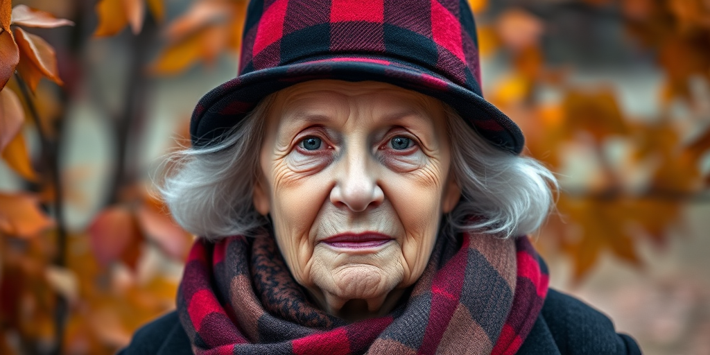 portrait of an elderly woman with grey hair wearing a black and red checkered hat and scarf, surrounded by autumn leaves, shot with a Canon EOS R5 at 85mm f/1.2, ISO 100, natural light, shallow depth of field to emphasize subject against blurred background