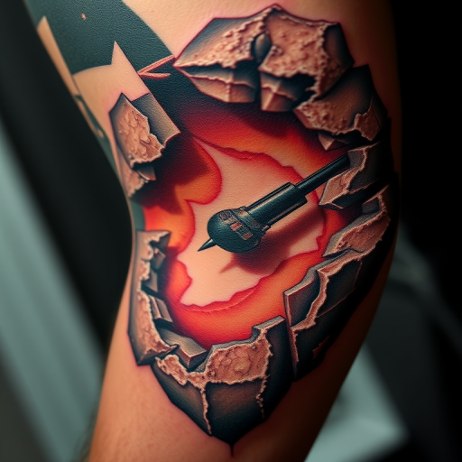 Realistic 3D tattoo titled "Illusion of Depth" creating a trompe l'oeil effect with hyperrealistic textures and shadows giving the appearance of objects emerging from or sinking into the skin