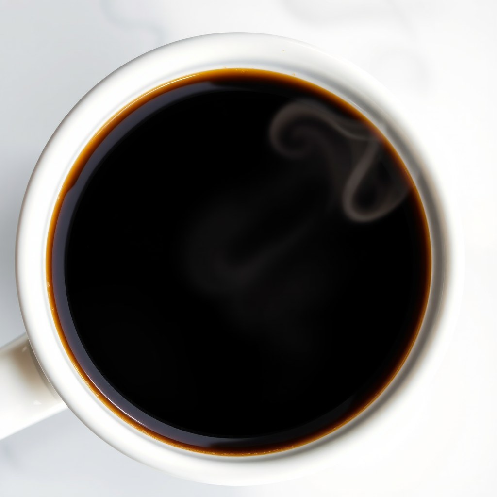 Create a realistic image of a steaming cup of black coffee in a white ceramic mug with a glossy finish, shot from a 45-degree angle, using a DSLR camera with a 50mm lens at f/1.8, ISO 100, and natural lighting to enhance contrast and details.