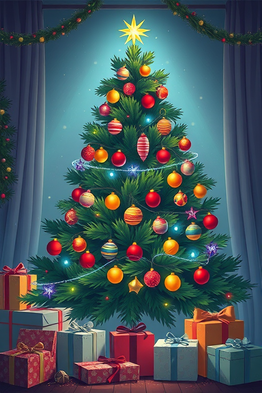 Create a high-resolution digital illustration of a Christmas tree adorned with colorful ornaments, twinkling lights, and surrounded by wrapped presents, using a professional DSLR camera with a 50mm lens, f/1.8 aperture, ISO 100, and soft diffused lighting for an enhanced festive ambiance.