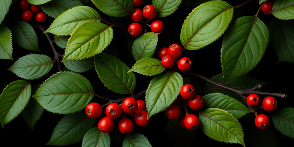 Create a detailed vector-style illustration of green leaves and red berries on a black background, using a digital camera effect with high resolution, f/8 aperture, 50mm lens, and soft lighting to enhance colors and depth.