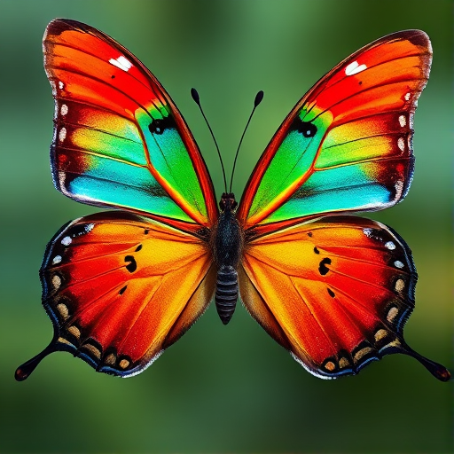 Create a high-resolution digital artwork featuring four colorful butterflies in vibrant hues of red, blue, green, and gold, with intricate dot patterns on their wings, captured with a Canon EOS 5D Mark IV camera, using a 50mm f/1.8 lens, at a shutter speed of 1/200s, aperture set to f/2.8, and ISO 100, in a macro view with a soft bokeh background for enhanced depth and color contrast.