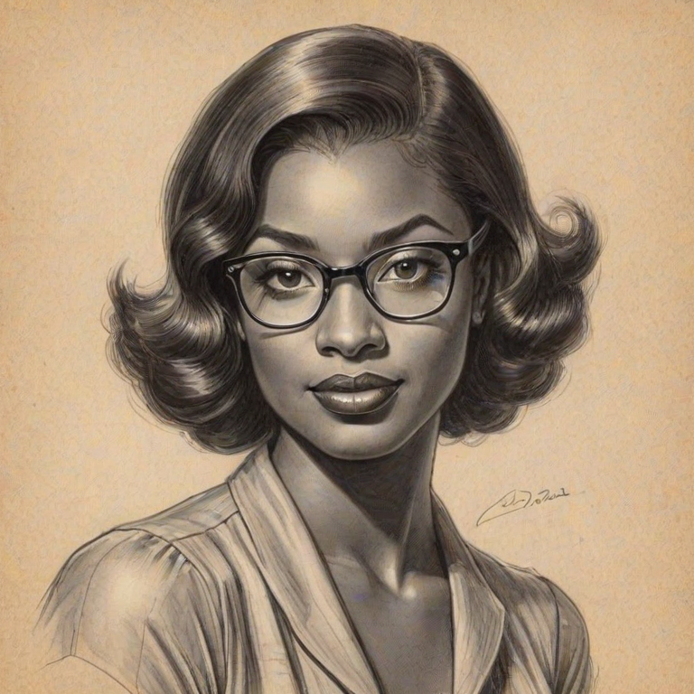 Ravishing Coco Jones, pencil sketch, portrait of Bewitching woman 1935s in glasses, hair style beatnik, outline, clear lines, fine lines, 8k