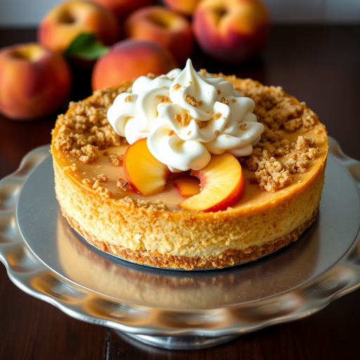 A delicious cheesecake with a golden graham cracker crust topped with whipped cream and a crumbly topping featuring peach slices inside, displayed on a silver cake stand with fresh peaches in the background.