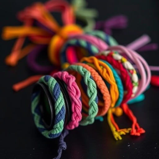 Capture a close-up shot of colorful handmade bracelets displayed on a dark surface, f/1.8 aperture, ISO 100, 50mm lens, shallow depth of field, natural light, DSLR camera, focus on details and textures.