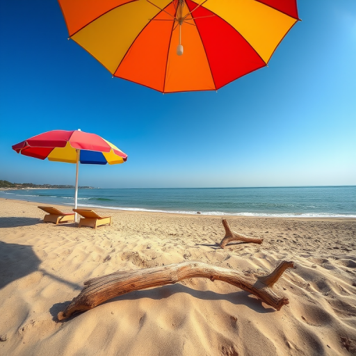 Wide-angle view of a serene beach with two colorful umbrellas and driftwood in the foreground, using a DSLR camera at f/8, ISO 100, 1/250 sec, natural lighting, high dynamic range for enhanced clarity and detail.