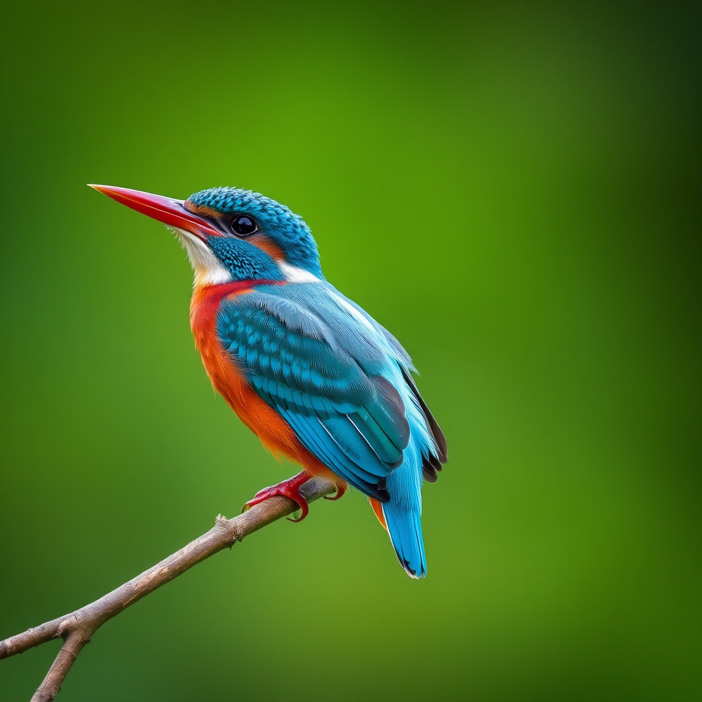 A vibrant kingfisher perched on a branch with a blurred green background, captured with a Canon EOS R5, 85mm lens, aperture f/2.8, ISO 200, shutter speed 1/250s, in soft focus style for enhanced detail and clarity.