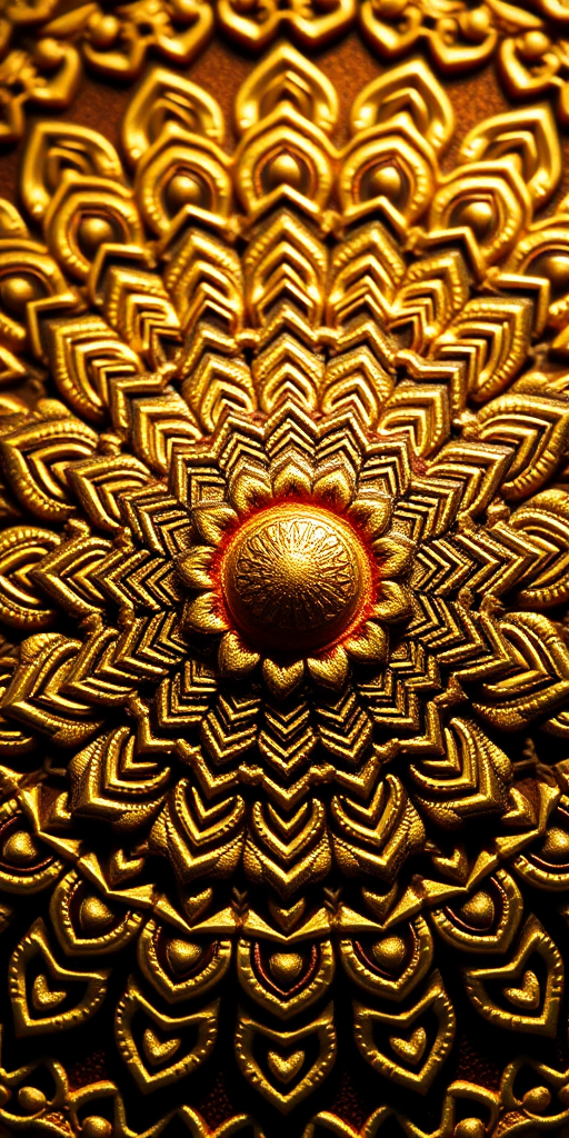 Create a highly detailed mandala design with intricate gold patterns surrounding a luminous circular center, using a macro lens at f/2.8, ISO 100, 1/125s shutter speed, with natural lighting from a soft light source to enhance texture and color vibrancy.