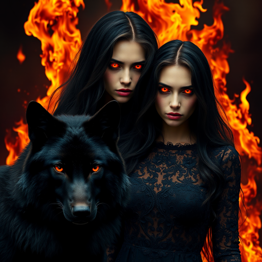 A woman with long dark hair, wearing a black lace dress that seamlessly blends into her skin with intricate floral patterns. She is in the foreground, with a black wolf beside her; its fur is midnight black, and it has glowing, intense, orange eyes that match hers. Her eyes are partially closed with burning embers above them, giving a fiery and mystical aura. The background is engulfed in tall, roaring flames, contributing to an overall dark and supernatural atmosphere. The colors are intense, predominantly black, fiery orange, and deep reds, with sharp contrast highlighting the mysterious and fierce theme. The flames are bright and dynamic, casting dramatic light and shadow, illuminating the woman and wolf while leaving parts in near darkness. The image evokes a sense of otherworldly power and connection between the woman and the wolf.