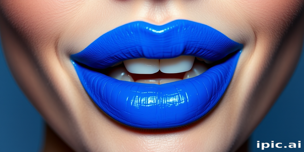 Fierce electric blue lips with a high-pigment matte finish, making a bold statement and showcasing confidence and creativity