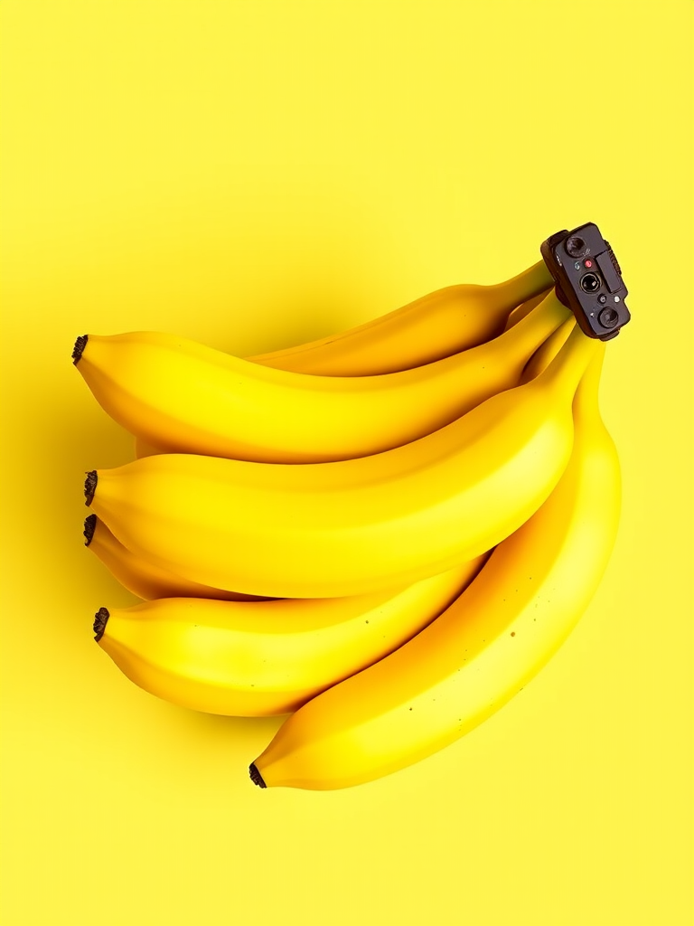Create a vibrant illustration of three bananas stacked together on a light yellow background, using a digital art style with high contrast and sharp edges, simulate a DSLR camera with a 50mm lens, aperture f/2.8, ISO 100, and a shallow depth of field for enhanced focus on the bananas.