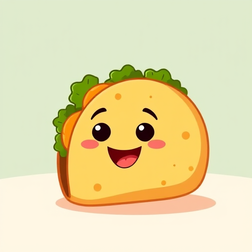 Create a cartoon-style illustration of a happy taco with vibrant colors and a simple background, using a Canon EOS R5 camera with a 50mm f/1.8 lens, set to ISO 100, aperture f/2.8, and a shallow depth of field for a soft focus effect.