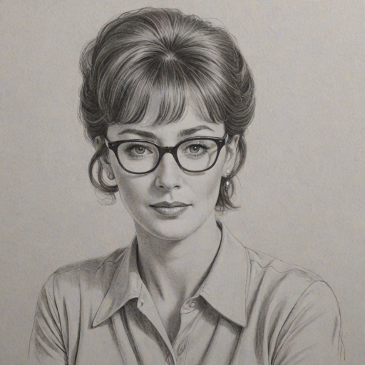 Charming Patricia Richardson, pencil sketch, portrait of Superb woman 1949s in glasses, hair style beatnik, outline, clear lines, fine lines, 8k