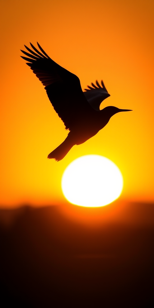 Generate a detailed black silhouette of a graceful bird in flight against a bright sunset background, captured with a DSLR camera at ISO 100, aperture f/8, 1/500 sec shutter speed, using a telephoto lens from a low angle to emphasize the bird's wingspan and enhance the light contrast.
