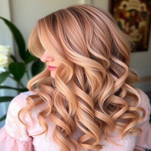 Romantic rose gold hair in loose vintage-inspired curls, designed by Blush Petal, showcasing a soft, feminine look with delicate pearl accents and subtle champagne blonde highlights