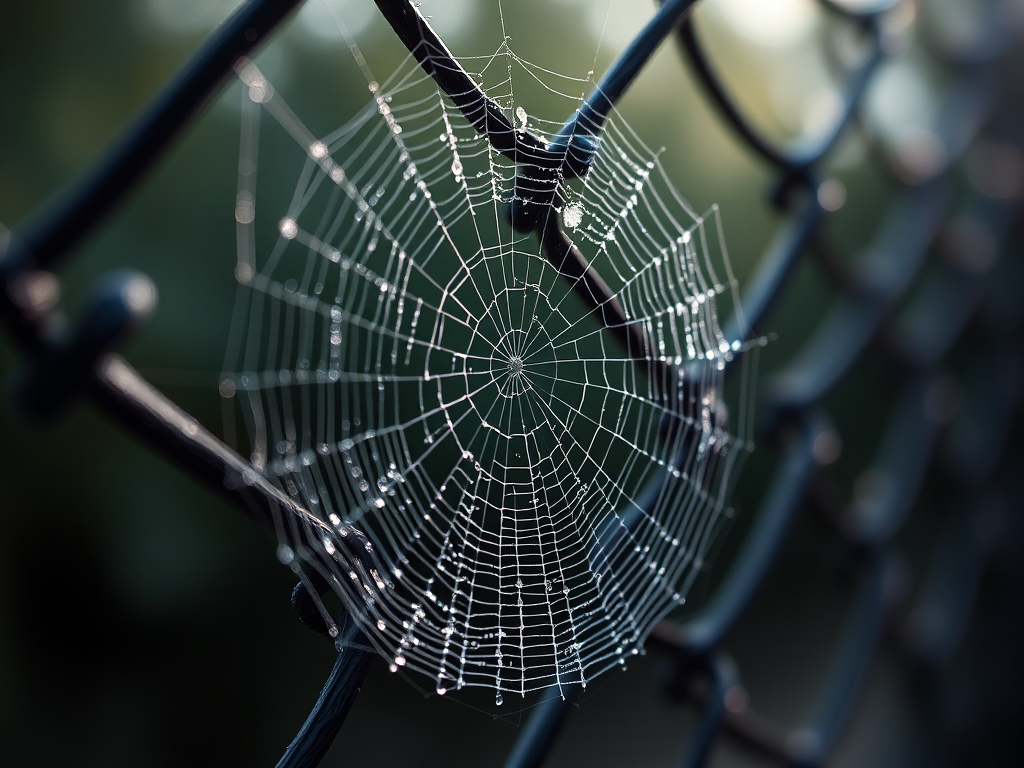 Close-up of a dew-covered spider web on a black chain-link fence, natural lighting, shallow depth of field, aperture f/2.8, ISO 100, 50mm lens, DSLR camera, focus on the web, soft bokeh background.