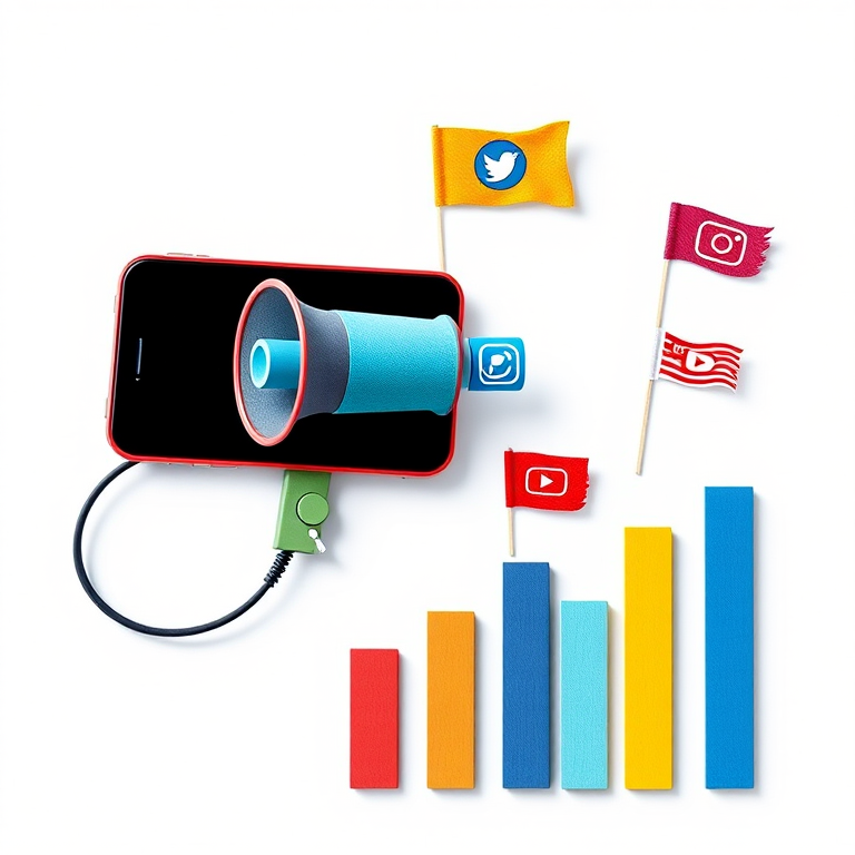 Create an illustration featuring a smartphone holding a megaphone with colorful flags representing social media platforms like Twitter, Instagram, YouTube, and Facebook on vertical bar graphs, shot with a Canon EOS R5, 24mm lens, f/2.8 aperture, ISO 100, in a flat lay view, with vibrant colors and sharp details.