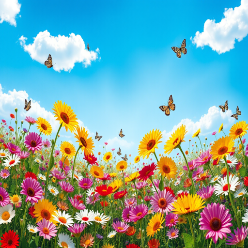 Generate an image of a vibrant flower field under a bright blue sky. Include a variety of colorful flowers in full bloom, such as daisies, sunflowers, and butterflies fluttering around. The scene should convey a sense of joy and tranquility, with soft clouds scattered across the sky and sunlight filtering through the flowers.