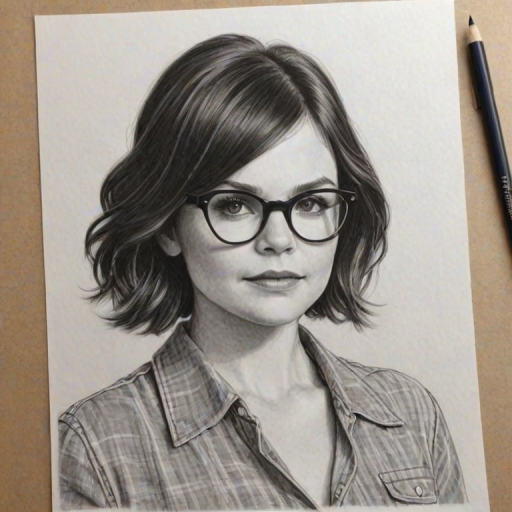 Radiant Ginnifer Goodwin, pencil sketch, portrait of Alluring woman 1977s in glasses, hair style beatnik, outline, clear lines, fine lines, 8k