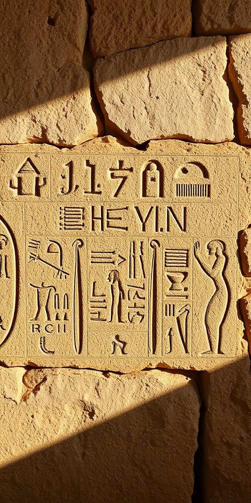 Create a high-resolution image of ancient Egyptian hieroglyphics on a stone wall, captured with a Canon EOS R5, 50mm lens, aperture f/2.8, ISO 100, and a soft diffused natural light for clarity and detail.