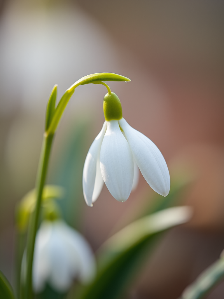 A close-up shot of a snowdrop flower on a blurred background, using a macro lens, aperture f/2.8, shutter speed 1/250s, ISO 200, natural lighting for enhanced softness and detail.