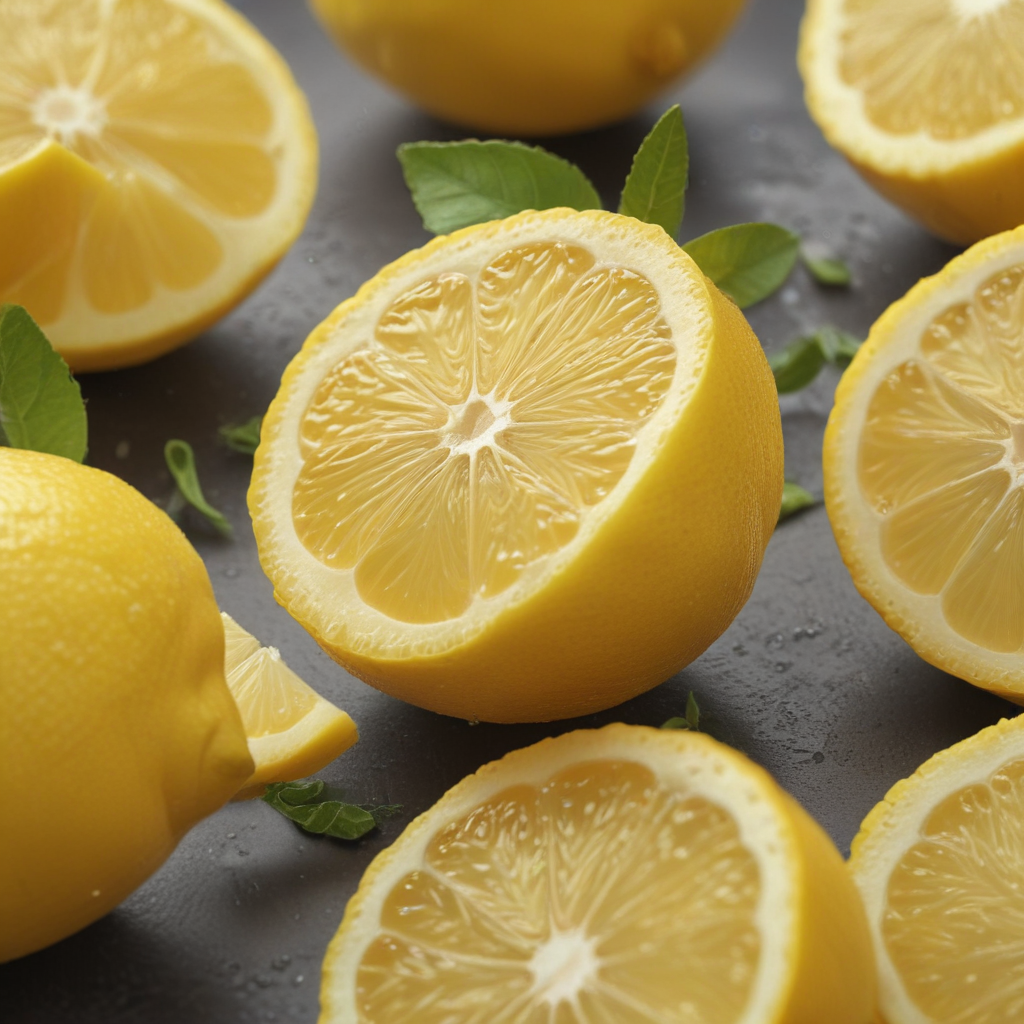 Freshly Cut Lemons Arranged Beautifully on a Dark Background with Mint