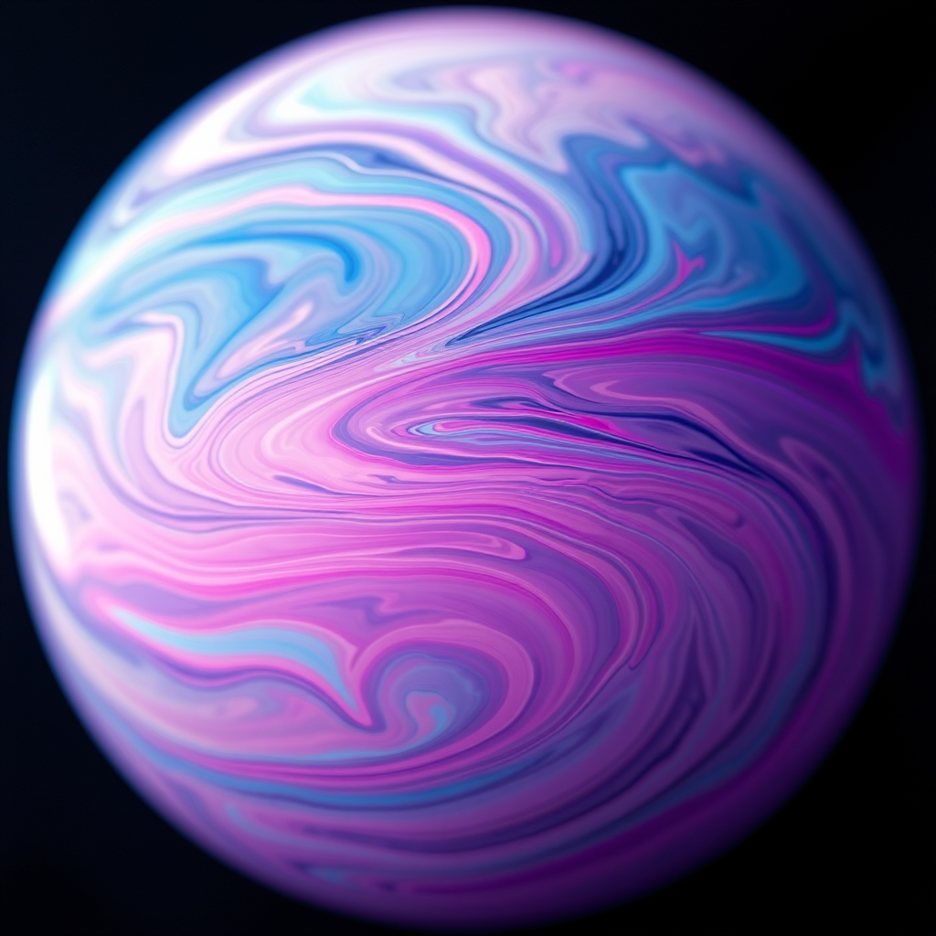 Create a vibrant abstract image of a planet with swirling pink and blue colors, using a DSLR camera at ISO 200, f/2.8, 1/60 sec exposure time, with a macro lens and a close-up view for enhanced detail and quality.