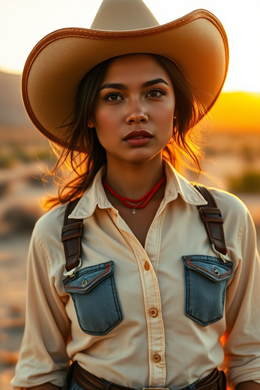 Dramatic photo of a beautiful Filipino woman, classic cowboy attire, confident and free spirit expression, half-length portrait, centered, golden hour desert landscape, warm, diffused light, low angle, medium format film camera, in style of Annie Leibovitz.