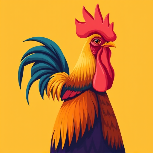 Create a vibrant, stylized illustration of a rooster with bold colors and smooth lines, using a Canon EOS R5 with a 50mm f/1.2 lens, aperture set to f/2.8, ISO 100, and soft natural lighting for enhanced clarity and detail.