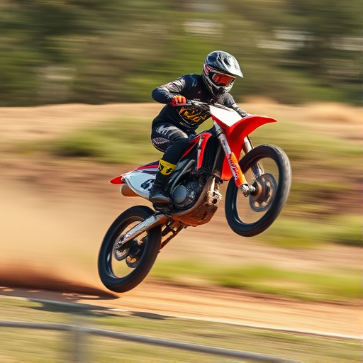 Generate an image of a motorcyclist performing a stunt on a motocross bike, captured with a 35mm lens, f/2.8 aperture, ISO 200, shutter speed 1/1000 sec, using a high-speed continuous shooting mode, with a dynamic angle and motion blur effect in the background to emphasize speed.