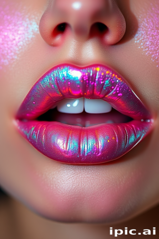 Iridescent holographic lip topper "Prismatic Dreams" creating a multidimensional effect, shifting colors in different lighting, and adding sparkle to any lip color