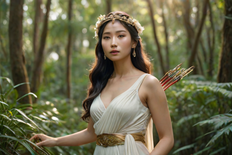 Create a portrait of a goddess-like Singaporean girl figure in a tranquil, forested environment. She has an elegant appearance with long, wavy hair styled in an updo and adorned with a delicate, floral headband. She wears a flowing, ancient Greek-inspired gown in a soft, pale color, featuring a one-shoulder design and draped fabric that accentuates her graceful form. The outfit includes a decorative belt with ornate gold detailing, and she holds a bow in her hand, with a quiver of arrows slung over her shoulder. The background depicts lush greenery, with sunlight filtering through the trees, casting a gentle, ethereal light on the scene. Her expression is calm and contemplative, embodying a sense of wisdom and serenity.