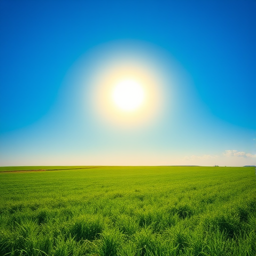 Generate an image of a bright blue sky with a large yellow sun and a vibrant green field below, using a DSLR camera, 50mm lens, f/8 aperture, 1/200s shutter speed, and ISO 100 for high clarity and vibrant colors.